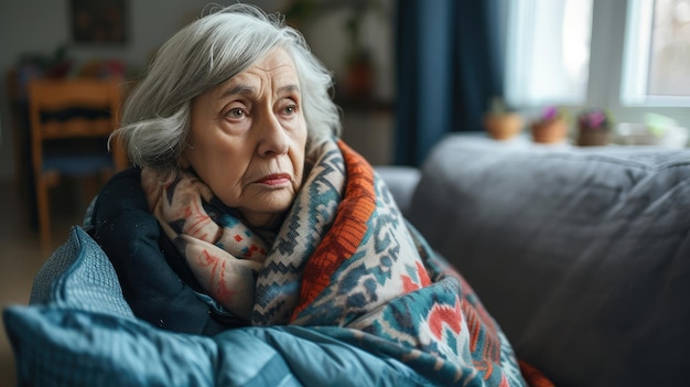 Sad tired ill sick lonely disappointed caucasian old elderly senior woman grandmother sitting on the sofa couch