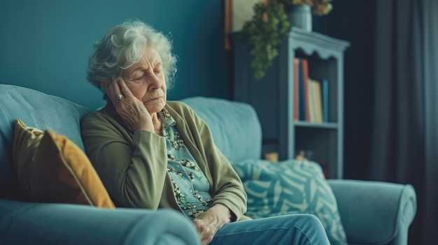 Photo sad tired ill sick lonely disappointed caucasian old elderly senior woman grandmother sitting on the sofa couch