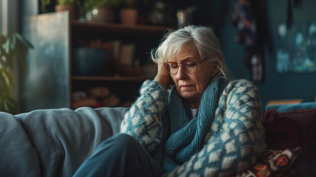 Sad tired ill sick lonely disappointed caucasian old elderly senior woman grandmother sitting on the sofa couch