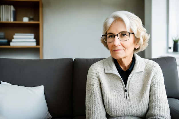 Sad tired ill sick lonely disappointed caucasian senior woman sitting on the couch