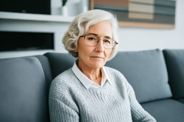 Sad tired ill sick lonely disappointed caucasian senior woman sitting on the couch