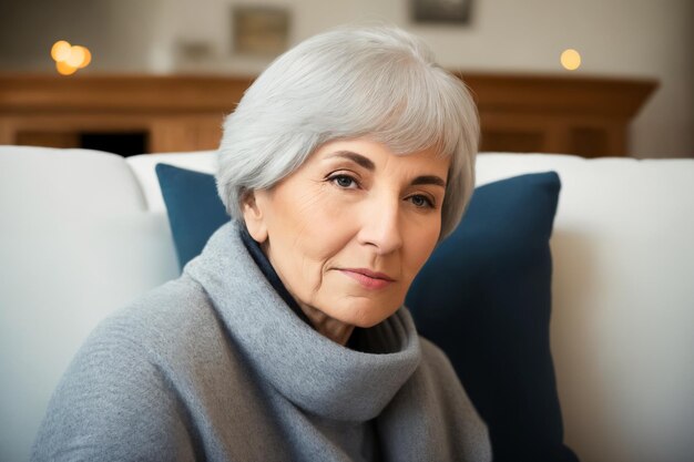 Грустная усталая больная одинокая разочарованная кавказская пожилая женщина, сидящая на диване