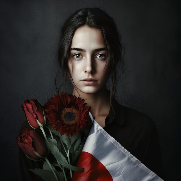 Sad Turkish Woman holding the Turkish Flag and flowers created with Generative AI