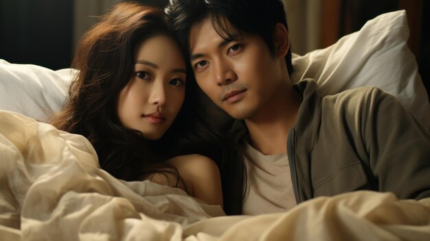 Sad and unhappy asian young couple lying on bed and looking at camera in bedroom
