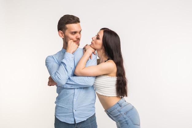 Sad unhappy couple having problem, on white background.