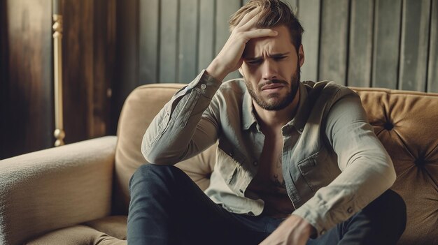 Sad unhappy handsome man sitting on the sofa and holding his forehead while having headache