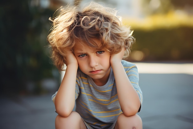 a sad upset lonely child in a depressed mood is sitting with his head propped up in his hands