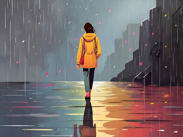 Sad walking woman Hopeless in the rain colored painting Leave empty spaceGenerative AI