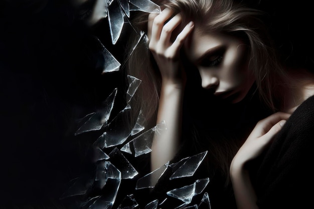 sad woman against the background of broken glass Suffering sadness and mental problems concept