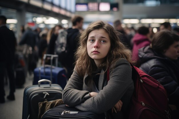 Sad woman at airport waiting for flight