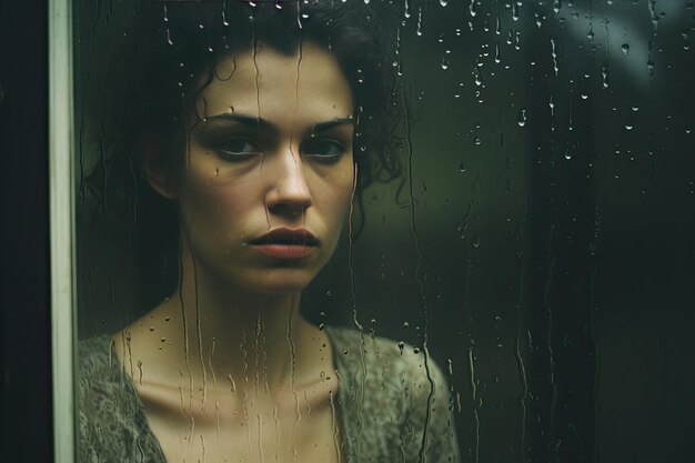 Фото Грустная женщина за дождливым окном, олицетворяющая мрачную атмосферу