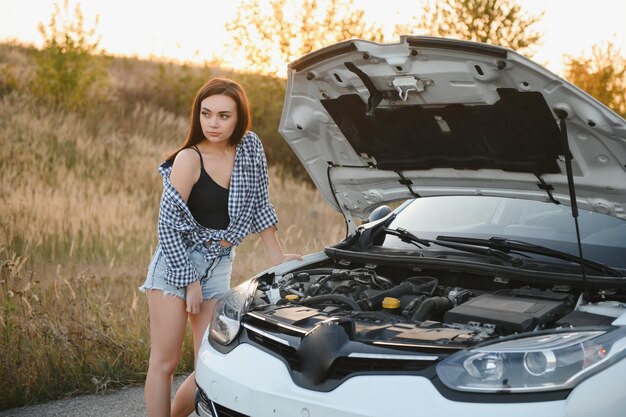 壊れた車で何をするかわからない悲しい女性が落ち込んでいます