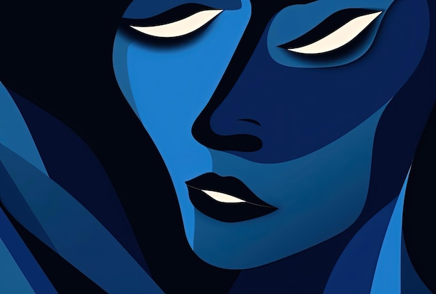 sad woman emoticon abstract face in the style of dark azure and navy