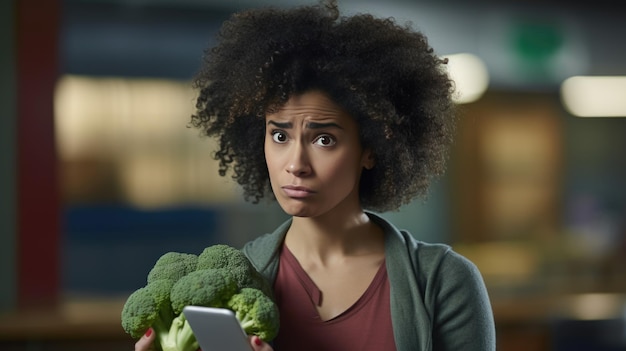 Sad woman holds broccoli while dieting