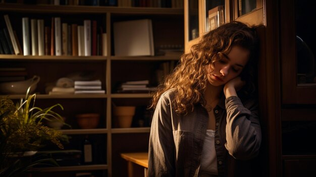 sad woman in library