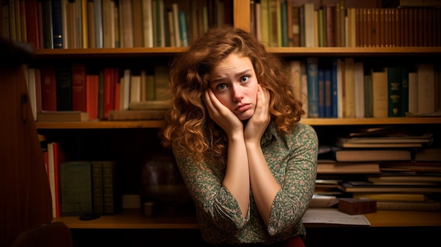 Photo sad woman in library