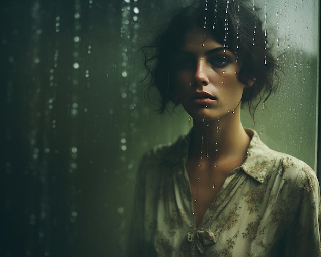 Sad woman behind rainy window embodying gloomy atmosphere