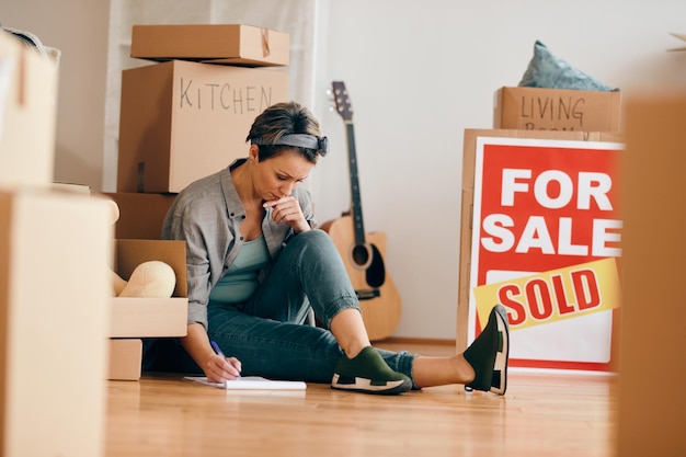 Sad woman signing house sale agreement while sitting among her\
belongings