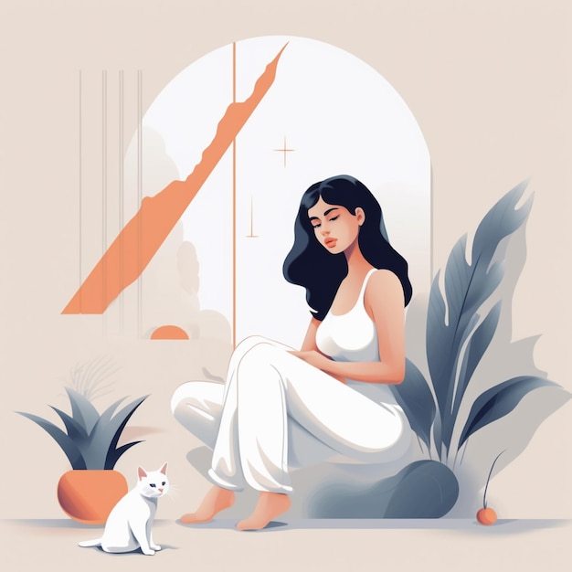 Sad woman sitting on the floor and looking at her cat Vector illustration