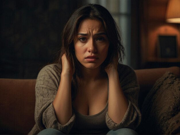 Photo sad woman sitting on sofa and holding her head solitude is worst enemy