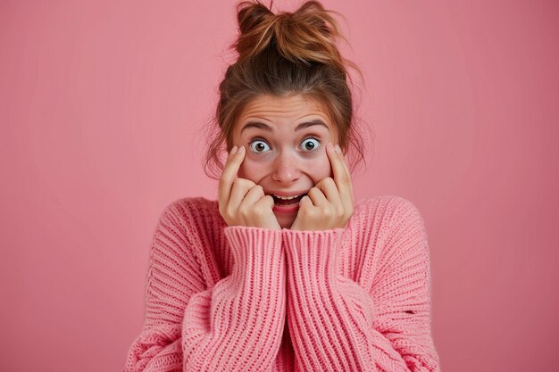 Sad woman in studio with oops reaction on pink background Mistake sorry and female overwhelmed by fake news drama or secret with regret