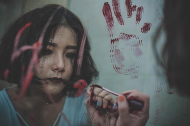 Photo sad woman with smudged make-up writing on mirror at home