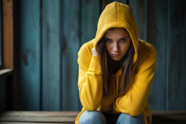 sad woman in yellow hoodie on wooden plank background