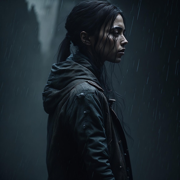 暗いジャケットを着た悲しい女性が雨の中に立っています