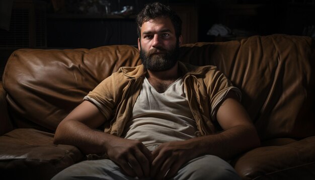 sad and worried man with grey hair sitting at home couch looking depressed and wasted in sadness face expression in depression and life problems concept