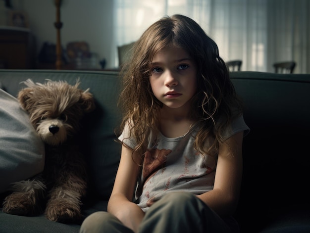 Sad young girl sitting on couch with teddy bear