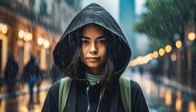 sad young gothic woman with a hood walking in the street under the rain rainy day sadness