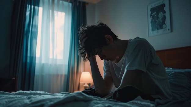 Sad young man in the bedroom People with depression concept