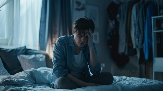 Sad young man in the bedroom People with depression concept