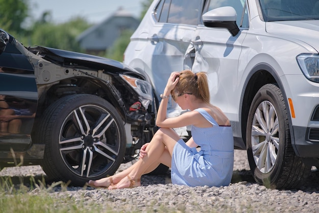 그녀의 부서진 차 근처에 앉아 있는 슬픈 젊은 여성 운전자는 도로 사고로 충돌한 차량에 충격을 받은 것처럼 보입니다