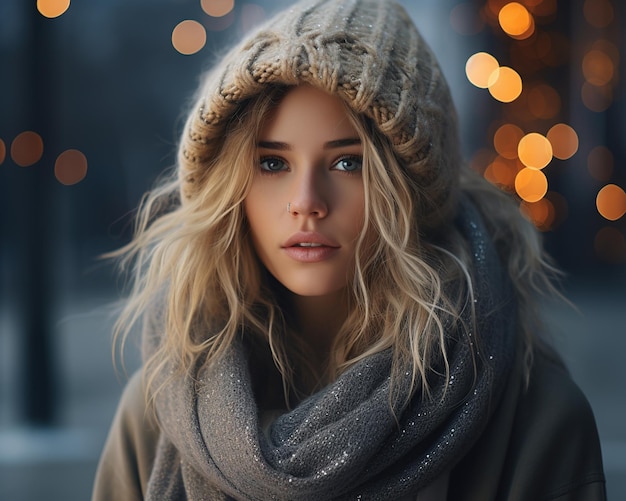 Sad young woman in knitted hat and scarf outdoors