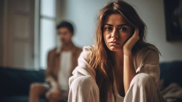 Sad young woman sitting on the bed and looking at her boyfriend