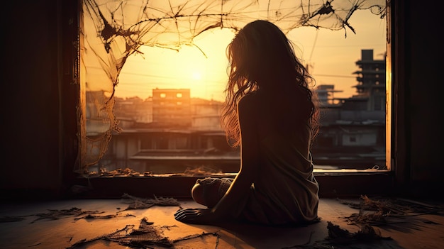 Sad young woman sitting on the floor and looking through the window