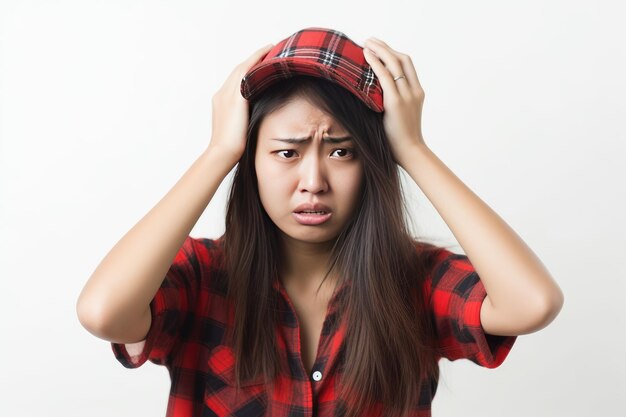 Sad young woman with a brush in her messy hair and hair loss