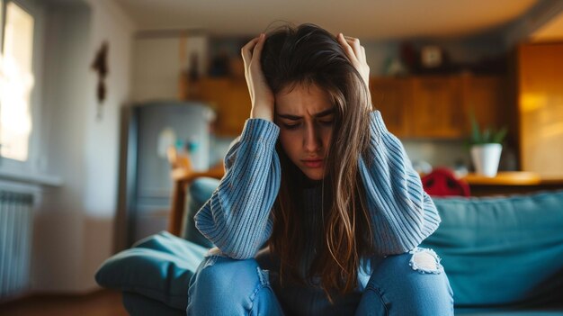 sad young woman with long hair sitting in the bed in the living room