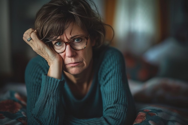 Saddened MiddleAged Woman Seated On A Bed