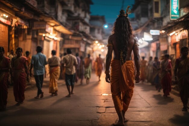 Foto sadhu loopt door de straten van india.