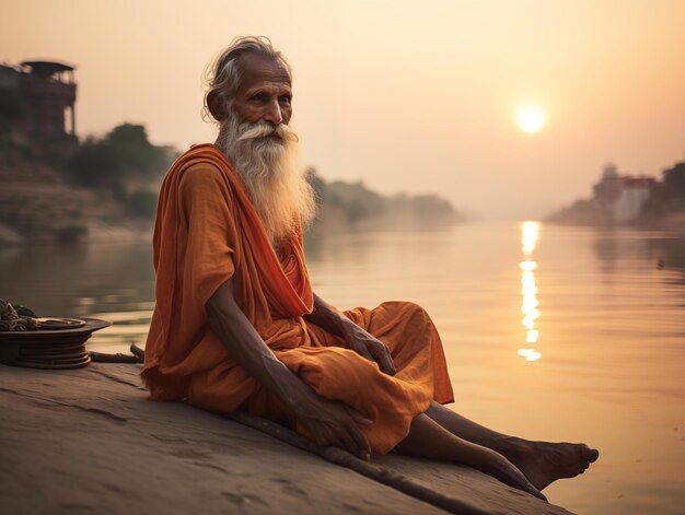 A sadhu at sunrise by the ganges in varanasi