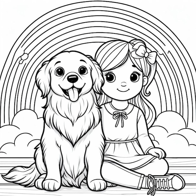 Photo sadie dog line art coloring page with rainbow background ai generated