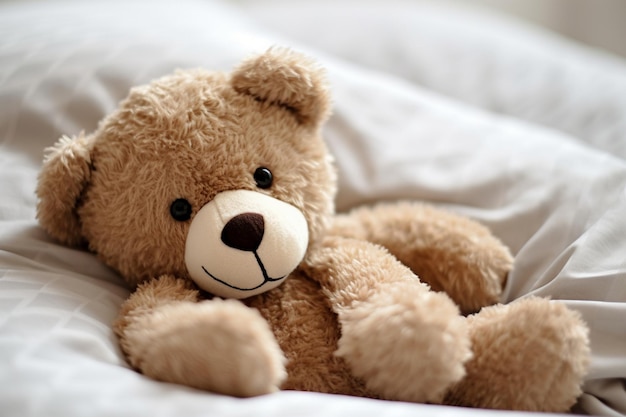 A sadlooking teddy bear lying on a bed illness Generative AI