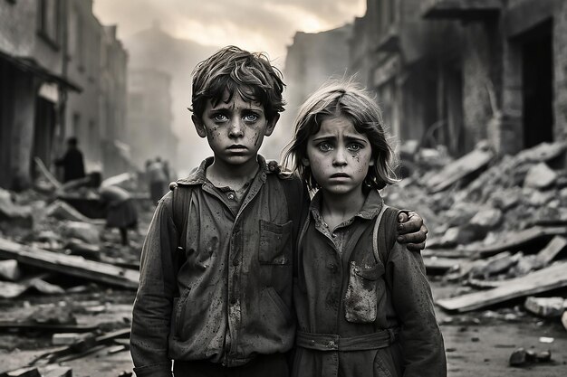 Photo the sadness and depression of children of wars