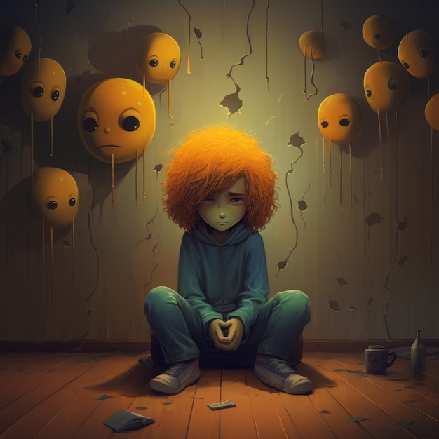 臨床的うつ病を完璧に表現した、心を痛める漫画のキャラクターによる悲しみ 生成 AI