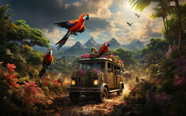 Safari Adventure Parrots Soar Alongside the Vehicle