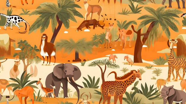 Safari adventure with exotic animals on an orange background