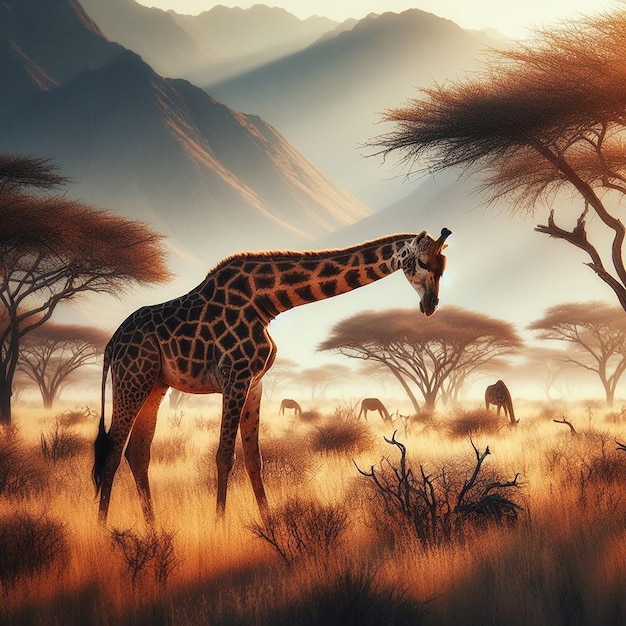 Safari animal majestic Giraffe standing in middle of a field realistic ai generated