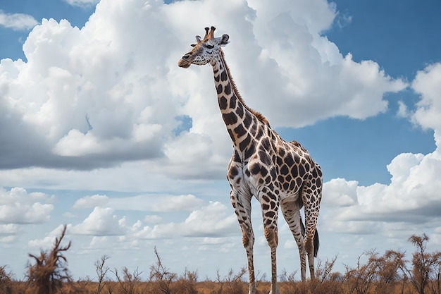 Foto giraffa maestosa in safari in piedi in mezzo a un campo realistico generato da ai